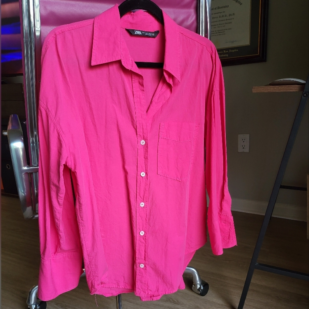Zara Bright Pink Button Down Blouse Small